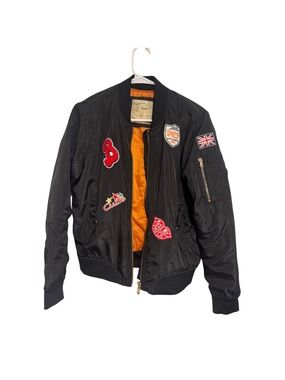 Ci Sono Black Bomber Jacket with Orange Lining and Patch Accents